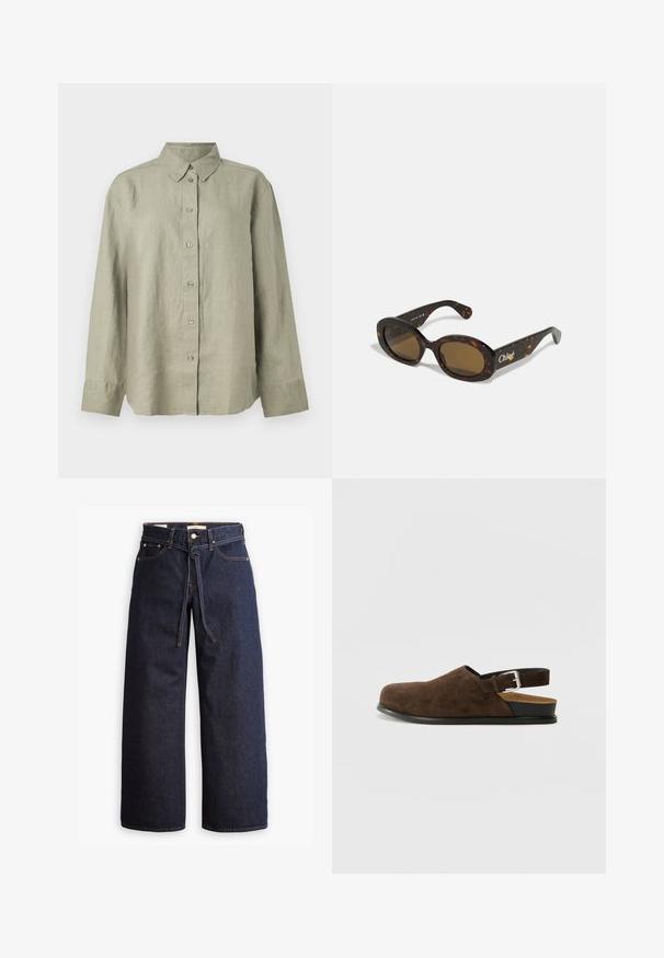 Šviesiai žalia lininė marškininė su apykakle, ilgomis rankovėmis ir priekinėmis alkūnėmis, turinčiomis šešis mygtukus. Minkšta tekstūra ir laisvas kirpimas.; Plačios kojų tamsiai mėlynos džinsinės kelnės su aukštu liemeniu, turinčios raištį, penkias kišenes ir kontrastingas siūles.; Rudos suede'o slip-on tipo batai su žemu kulnu, reguliuojama juosta su sidabriniu sagtimi ir juodu guminimu padu.; Viteljai akinių rėmeliai su ovaliais rėmais, rudos spalvos lęšiai ir "Chloé" prekės ženklas ant šono. Lygi plastiko medžiaga su blizgiu paviršiumi.