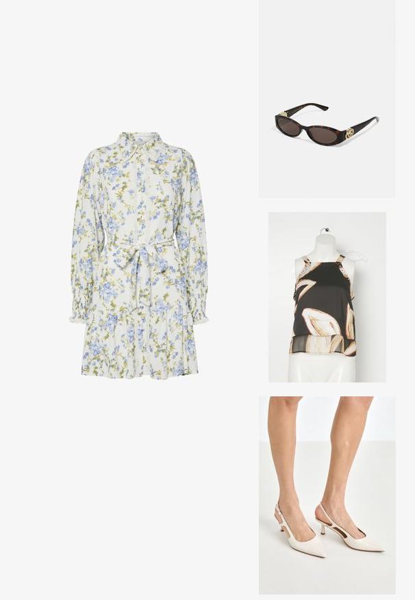 Sort ærmeløs bluse med blomstermønster i nuancer af creme og beige. Har dekorative stropper med guldnitter på skuldrene.; Blomsterkjole i hvid med blå og grønne blomster, med krave, knaplukning foran, lange ærmer med elastiske manchetter og et bånd i taljen.; Beige patenterede læder slingback hæle med spids tå og 5 cm hæl, med udskårne sider og en tynd ankelrem.; Skildpaddemønster solbriller med aflange ovale linser, brun farve, guldlogo accenter på stængerne og slanke sorte arme.; Beige mønsteret taske med en buet form, læderdetaljer og et guldtonet logo på fronten. Har et kort håndtag for nem bæring.; Perle- og krystalhalskæde med et rundt, perlekantet design i lyse nuancer, der præsenterer skiftevis perler og glitrende detaljer, båret om halsen.