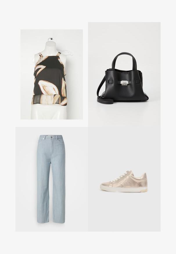 Crna bezrukava bluzica s cvjetnim uzorkom u nijansama krema i bež. Ima dekorativne naramenice s zlatnim studovima na ramenima.; Svijetloplave traperice ravnog kroja. Imaju pet džepova, metalno dugme za zatvaranje i suptilne tragove habanja za dodatnu teksturu.; Metalik zlatni tenisice s bijelim vezicama, s otisnutim "DK" logotipom sa strane, okruglim nosem i teksturiranom kožnom završnom obradom. Bijela potplata s zlatnim akcentom.; Crna kožna torba s teksturiranim završnim obradom, koja ima dva gornja ručka, odvojivu naramenicu i detalj s srebrnim kopčanjem.