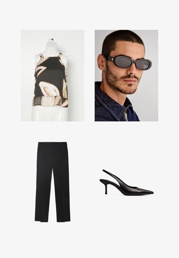 Čierny bezrukávový top s kvetinovým vzorom v odtieňoch smotanovej a béžovej. Obsahuje dekoratívne popruhy so zlatými cvočkami na pleciach.; Čierne nohavice vyrobené z hladkej tkaniny, so strihom s rovnými nohavicami, prednými vreckami a plochým pásom bez viditeľnej kovania alebo ozdôb.; NA-KD Klasické lodičky na opätku - black; Čierne oválne slnečné okuliare s tmavými sklami a elegantnými rámami, obsahujúce kovový akcent na spánkoch, umiestnené na neutrálnom pozadí.; Čierna kožená kabelka na rameno s hladkou textúrou, zakriveným tvarom a nastaviteľným popruhom. Obsahuje minimálne švy a jednoduchý dizajn.