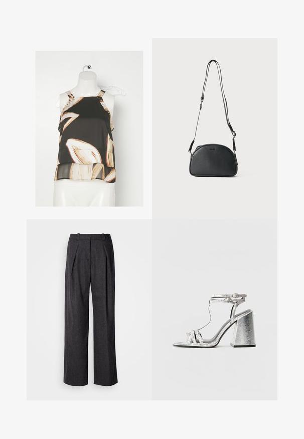 Fekete ujjatlan blúz virágmintával, krémszín és bézs árnyalatokban. Dekoratív pántokkal rendelkezik, arany szegecsekkel a vállaknál.; Sötétszürke, bő szárú nadrág texturált anyagból, elülső plisszékkel és klasszikus derékpánt kialakítással. Nincs látható zseb.; Ezüst sarokkal ellátott szandál, tömzsi sarkú, vékony pántokkal és boka csattal. Az anyag fémes fényű, texturált megjelenésű.; Fekete bőr keresztpántos táska kerekded formával, két állítható pánttal és egy diszkrét logóval az elején. Texturált külső, minimalista dizájn.