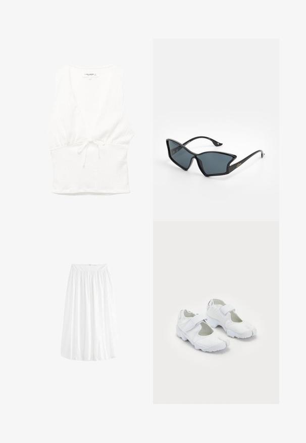 Bijela bezrukavna bluzica s V izrezom, teksturiranom tkaninom i vezanim strukom. Glatki rub i ležeran dizajn, pogodni za tople vremenske uvjete.; Bijela suknja do koljena izrađena od lagane tkanine. Ima elastičnu narukvicu za prilagodljivo pristajanje i mekano pada.; Bijele sportske cipele s teksturiranim gornjim dijelom, podesivim čičak trakama, zaobljenim vrhom i debelim potplatom s izraženim uzorkom.; Crne plastične sunčane naočale s geometrijskim oblikom mačjih očiju, sivi leći i zlatnim naglascima na krakovima. Glatka tekstura kroz cijeli okvir.