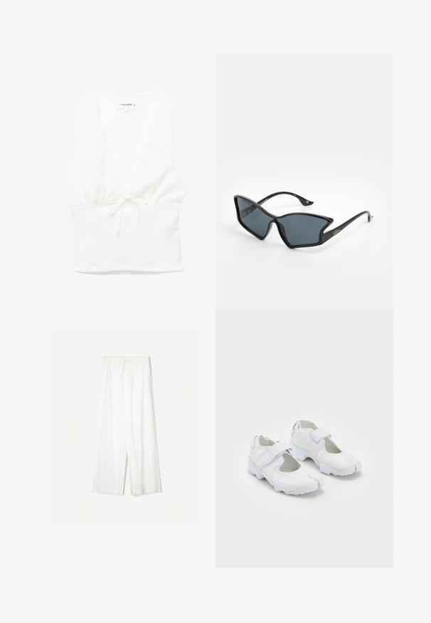 Bela brezrokavnica z V-izrezom, teksturirano blago in zvezanim pasom. Gladek rob in sproščen dizajn, primeren za tople vremenske razmere.; Bele široke hlače s elastiko v pasu, prikazane na enobarvni podlagi, kar poudarja njihov sproščen slog in teksturo tkanine.; Bela športna obutev z teksturiranim zgornjim delom, nastavljivim Velcro trakom, zaobljenim prstom in masivnim podplatom z izrazitim profilom.; Črne plastične sončne očala z geometrijsko obliko mačjih oči, s sivimi lečami in zlatimi detajli na ročajih. Gladka tekstura celotnega okvirja.
