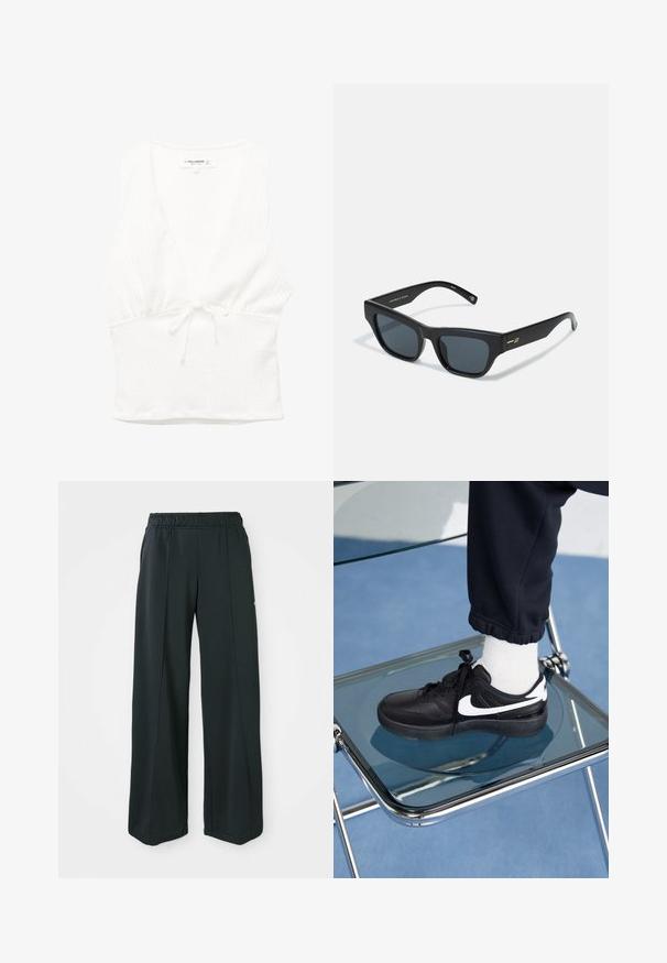 White sleeveless top with a V-neck, textured fabric, and a tied waist. Smooth hem and casual design, suitable for warm weather.; Black, wide-leg athletic pants with an elastic waistband. Made from smooth, stretchy fabric, featuring subtle front seams and no pockets.; Black Nike sneakers with white accents, featuring a smooth leather texture, lace-up design, and rounded toe, positioned on a glass chair.; Black rectangular sunglasses with gray lenses, a thick plastic frame, and gold accent on the temple. Matte finish with smooth texture.