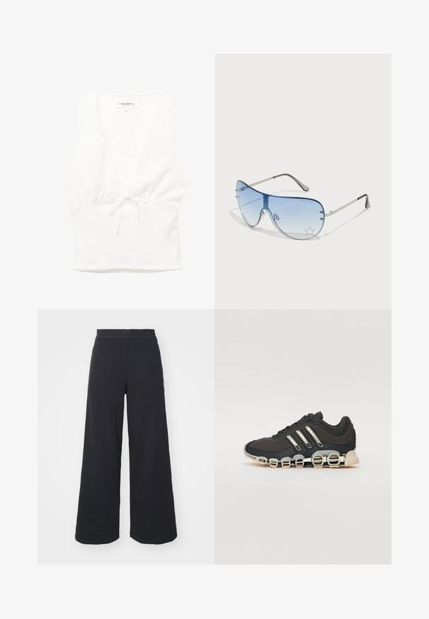 Biała, bezrękawnikowa bluzka z dekoltem w serek, wykonana z teksturowanej tkaniny, z wiązanym paskiem w talii. Gładki dół i swobodny krój, idealna na ciepłe dni.; Czarne szerokie spodnie dresowe wykonane z miękkiego materiału, z elastycznym paskiem w talii oraz małym logo po lewej stronie.; Czarne sportowe buty z teksturowaną cholewką, trzema srebrnymi paskami i charakterystyczną podeszwą z amortyzacją, składającą się z wielu zintegrowanych sekcji.; Okulary przeciwsłoneczne typu aviator z gradientowymi niebieskimi szkłami, srebrną metalową oprawą oraz dekoracyjnymi akcentami w kształcie gwiazdek na soczewkach. Gładki i elegancki design.; Czarna skórzana torba tote z zakrzywionym uchwytem, wydłużonym trójkątnym kształtem i gładką fakturą. Charakteryzuje się minimalistycznym wzornictwem bez widocznych elementów metalowych.