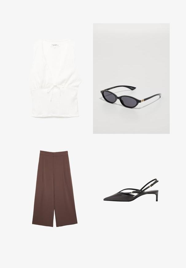 Weißes ärmelloses Oberteil mit V-Ausschnitt, strukturiertem Stoff und gebundenem Bund. Glatter Saum und lässiges Design, geeignet für warmes Wetter.; Braune Weite-Leg-Hosen mit einer glatten Textur, hoher Taille und Vorderfalten. Der Stoff ist leicht und fällt locker.; Schwarze Leder Slingback-Pumpe mit spitzem Zeh, schmalen Knöchelriemen und niedrigem Stiletto-Absatz. Glatte Textur mit minimalistischem Design.; Schwarze Sonnenbrille mit ovalen Gläsern, dunklem Verlaufstönung und schlanken Bügeln mit dezenten goldenen Akzenten. Glatte Kunststoffoberfläche.; Braune Lederhandtasche mit gerafftem Oberteil und Kettenriemen. Glatte Textur mit glänzendem Finish und subtilen Nahtdetails an den Seiten.