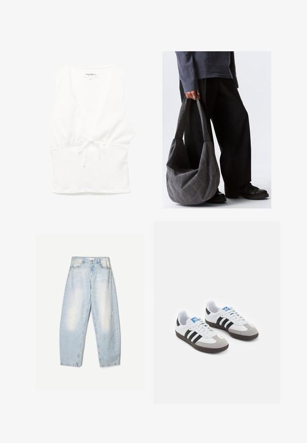 Fehér ujjatlan felső V-nyakkal, texturált anyagból, megkötős derékrésszel. Simább aljú és laza kialakítás, meleg időjárásra alkalmas.; Világoskék farmernadrág, laza szabással, elhasználódott hatással, két elülső zsebbel és gombos zárással a derékrészen.; Fehér bőr felsőrészes sportcipő, szürke velúrból készült orral és három fekete csíkkal. Jellemzője a kék logó a nyelvén és egy texturált gumitalp.; Szürke anyagú, laza formájú válltáska, sima felülettel és széles pántokkal. A táskát egy sötét nadrágot viselő személy tartja.