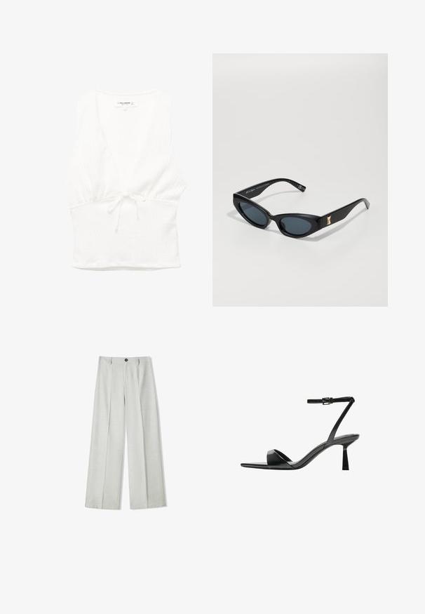 Hvid ærmeløs top med V-hals, tekstureret stof og en bundet talje. Glat kant og casual design, egnet til varmt vejr.; Lys grå brede benbukser lavet af et struktureret stof, med knaplukning og to plisser foran for ekstra detaljer.; Bershka Højhælede sandaletter / Højhælede sandaler - black; Sorte solbriller med et slankt, vinklet design. De har mørke linser, en blank finish og en gylden detalje på stangen.