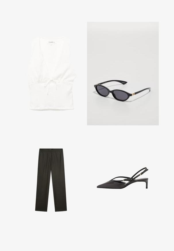 Witte mouwloze top met een V-hals, gestructureerde stof en een strik in de taille. Gladde zoom en casual ontwerp, geschikt voor warm weer.; Donkergroene, wijde broek met een gladde textuur, elastische tailleband en zijzakken. Eenvoudig ontwerp zonder zichtbare patronen of hardware.; Zwarte leren slingback pump met een spitse neus, slanke enkelbandjes en een lage stilettohak. Gladde textuur met een minimalistisch ontwerp.; Zwarte zonnebril met ovale glazen, donkere verloop-tint en slanke pootjes met subtiele gouden accenten. Glad plastic afwerking.