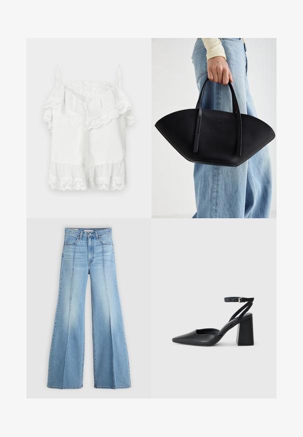 Fehér váll nélküli ujjatlan felső csipke díszítéssel a nyakkivágás, az ujjrészek és az alsó szegély mentén, állítható vékony vállpántokkal.; Világoskék, magas derekú farmernadrág széles lábakkal, elülső és hátsó zsebekkel, övbújtatókkal, és függőleges varráselemekkel az elején.; Fekete bőr, hegyes orrú magassarkú cipő boka pánttal és vastag sarokkal. Sima textúra, elegáns dizájn és minimális esztétika.; Fekete bőr kézitáska egyedi legyezőformával, lapos füllel. A felülete kőriszerű textúrájú és minimalista dizájnnal rendelkezik.
