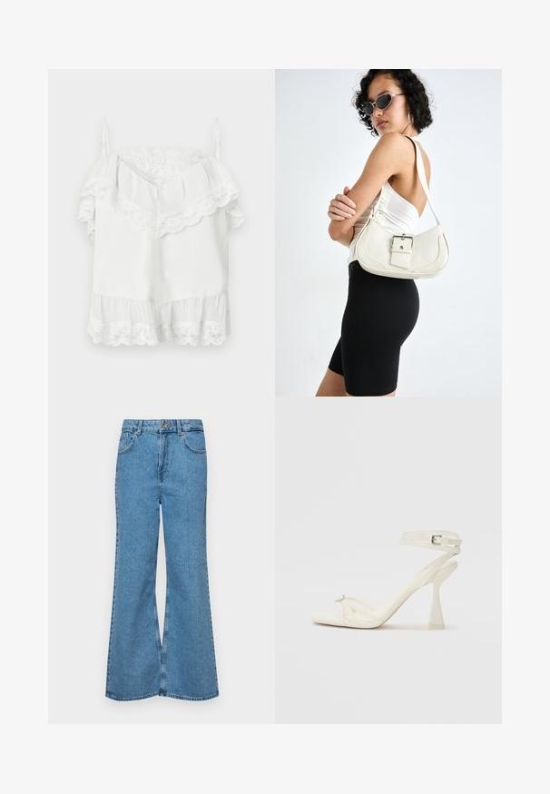 Top branco sem mangas com decote ombro a ombro, com acabamento em renda ao longo do decote, mangas e barra, apresentando alças finas ajustáveis.; Jeans de brim azuis claros, com corte à boca de sino, apresentando uma cintura alta, cinco bolsos e um fecho de botão único. Textura macia com acabamento desbotado.; Sandal de salto alto com tiras em couro branco, com um design elegante, um salto bloco transparente e um elemento decorativo na ponta.; Bolsa de couro branca com um formato curvado, alça ajustável e um pequeno detalhe de fivela. Modelo usa um traje preto ajustado.