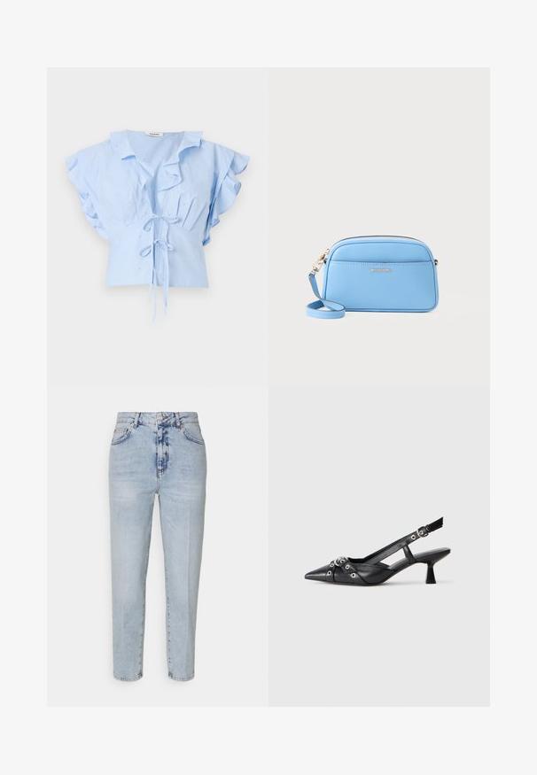 sandro - Bluzka; Jasnoniebieskie dżinsy o wysokim stanie, prostym kroju nogawek, widocznymi kieszeniami z przodu i wyblakłym odcieniu. Widoczne szwy i detale guzików.; Czarne skórzane buty typu slingback z ostrym noskiem, ozdobnymi paskami z metalowymi oczkami oraz niskim klinowym obcasem. Teksturowana powierzchnia.; Jasnoniebieska skórzana torebka na ramię z złotymi akcentami, zamknięciem na zamek błyskawiczny i przednią kieszenią. Posiada regulowany pasek dla wygody.