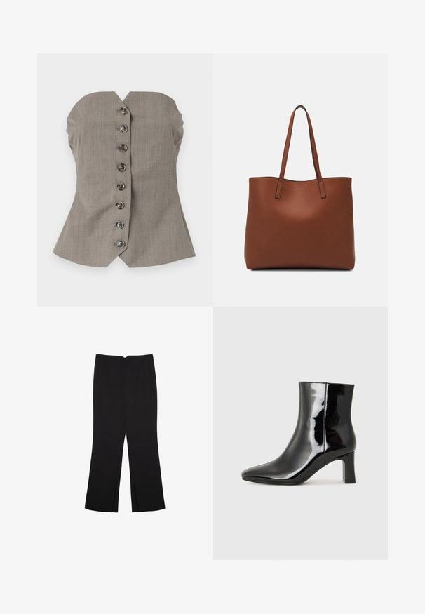 Haut gris ajusté avec un buste structuré, un design à larges épaules et six boutons décoratifs sur le devant. Tissu texturé.; Pantalon noir avec une coupe droite, doté de poches avant et d'éclairs sur l'ourlet. Fabriqué en tissu doux et lisse. Convient à diverses occasions.; Bottines en cuir verni noir avec un bout pointu et un talon block de hauteur moyenne. Texture lisse et design minimaliste.; Sac fourre-tout en cuir marron avec une texture lisse, design à ouverture supérieure et deux poignées pour le porter à l'épaule. Présente des coutures minimales et aucun matériel visible.