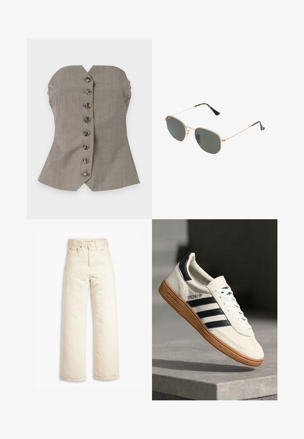 Pilkas prigludęs viršus su struktūruotu bodiuku, plačia pečių konstrukcija ir šešiais dekoratyviniais mygtukais priekyje. Tekstūruota medžiaga.; Šviesiai rudos plačių kojų džinsai, pagaminti iš medvilnės džinsinio audinio. Ypatybės: aukštas liemuo, mygtuko užsegimas ir penkių kišenių dizainas. Lygus, ilgaamžis audinys.; Baltos odinės sportinės bateliai su tamsiai mėlynomis juostelėmis, guminis padas, tekstūruotas viršus, apvalus nosis ir šnervės; turi prekės ženklą šone ir ant liežuvėlio.; Auksiniai metaliniai akiniai nuo saulės su tamsiai žaliomis lęšiais, aviator tipo, su siaurais rėmeliais ir kilpiniu akmeniu ant galiukų.; Juoda siuvinėta rankinė su auksiniu grandinės dirželiu, turinti išskirtinę auksinę sagtį ir mažą etiketę, pabrėžianti tekstūruotą odos paviršių.