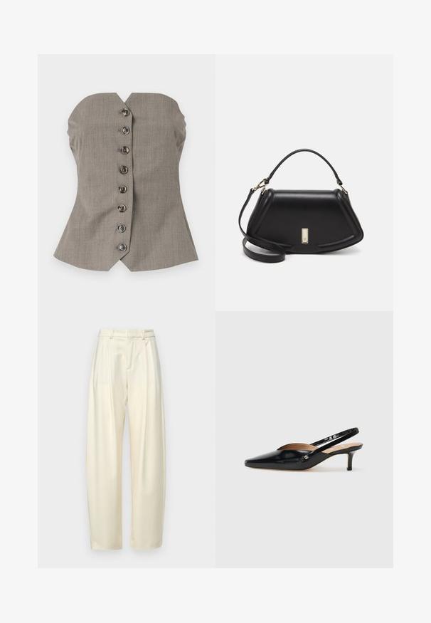 Gray fitted top with a structured bodice, wide shoulder design, and six decorative buttons down the front. Textured fabric.; Pleated, high-waisted trousers in light cream fabric. Features a straight cut and a smooth texture. No pockets or visible hardware.; Black patent leather slingback pump with a pointed toe, small heel, and a cutout design on the vamp. Gold-tone hardware accent on the side.; Black leather handbag with a structured design, featuring a cropped shape, top handle, and gold hardware accent. Adjustable shoulder strap included.