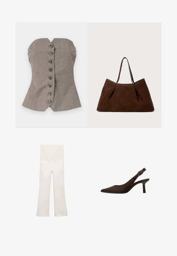 Szary dopasowany top z usztywnioną górą, szerokimi ramiączkami i sześcioma dekoracyjnymi guzikami na przodzie. Teksturowana tkanina.; Białe dżinsy w kant z tyłu, o gładkiej fakturze, z dwiema tylnymi kieszeniami i subtelnymi detalami wzdłuż szwów.; Brązowe zamszowe czółenka na pasek z odkrytą piętą, z wydłużonym noskiem, eleganckim fasonem, cienką szpilką oraz z akcentem klamry na pasku wokół kostki.; Brązowa zamszowa torba tote z dwoma uchwytami na ramię, pojemna, prostokątna forma i minimalistyczny design. Miękka tekstura o gładkim wykończeniu.