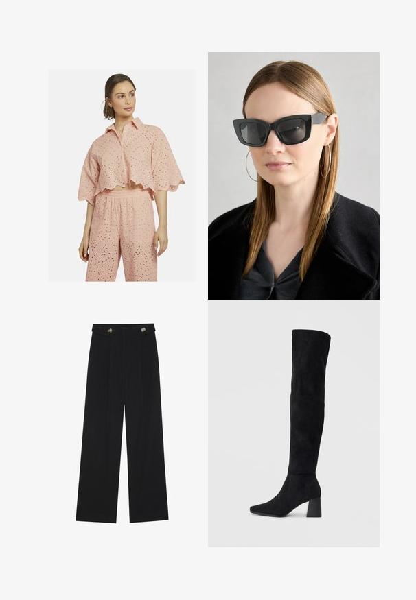 Lichtroze katoenen twee-delig kledingstuk met een cropped shirt met golfrand en oogjesdetails, en losse broek met bijpassende patronen.; Zwarte wijde broek met hoge taille, knoopdetails op de tailleband en plooien aan de voorkant.; Zwarte suède kniehoge laars met blokhak, spitse neus en een glad, naadloos ontwerp op een effen lichte achtergrond.; Zwarte cat-eye zonnebril met donkere lenzen, dikke monturen en subtiele accenten. Draagt een zwarte jas en een grijze top, met lang stijl haar.; Zwarte suède handtas met een zachte, gestructureerde vorm, voorzien van een slanke leren schouderband en een subtiel merklogo. Model draagt een spijkerjack.