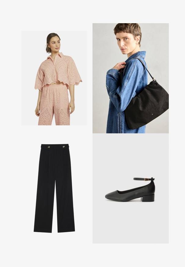 Lichtroze katoenen twee-delig kledingstuk met een cropped shirt met golfrand en oogjesdetails, en losse broek met bijpassende patronen.; Zwarte wijde broek met hoge taille, knoopdetails op de tailleband en plooien aan de voorkant.; Zwarte leren pump met een spitse neus en een lage blokhak. Beschikt over een enkelband met een goudkleurige gespsluiting. Gladde textuur.; Zwarte suède handtas met een zachte, gestructureerde vorm, voorzien van een slanke leren schouderband en een subtiel merklogo. Model draagt een spijkerjack.