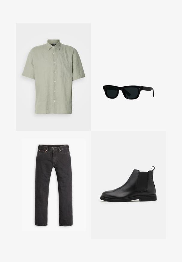Short-sleeve button-up shirt in light green linen, featuring a collar, front pocket, and five white buttons along the placket.; Black straight-leg denim jeans with five pockets, button closure, and copper rivets laid flat on a white background.; Black leather Chelsea boots with elastic side panels and a pull tab. Rounded toe and flat rubber sole, showcasing a smooth finish.; Black sunglasses with square frames, dark lenses, and smooth plastic material. Features small, round accents on the front and slender arms.
