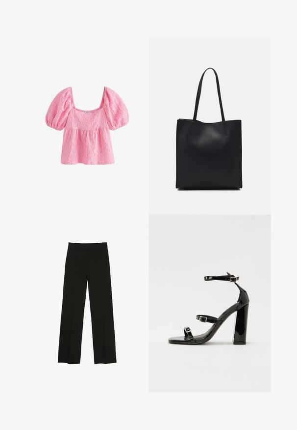 Světle růžová blůza s nafouknutými rukávy, texturovaným materiálem, čtvercovým výstřihem a volným střihem. Obsahuje nařasený pas pro větší objem.; Černé široké kalhoty vyrobené z hladké tkaniny, s dobře padnoucím pasem a jemnými předními klíny pro zvýraznění textury.; Černé lakované sandály na podpatku se čtveratou špičkou, lýtkovými pásky a stříbrnými přezkami. Disponují masivním blokovým podpatkem pro stabilitu.; Černá kožená taška přes rameno s hladkým povrchem, obdélníkovým tvarem a dvěma dlouhými uchy. Žádné viditelné kování ani ozdoby.