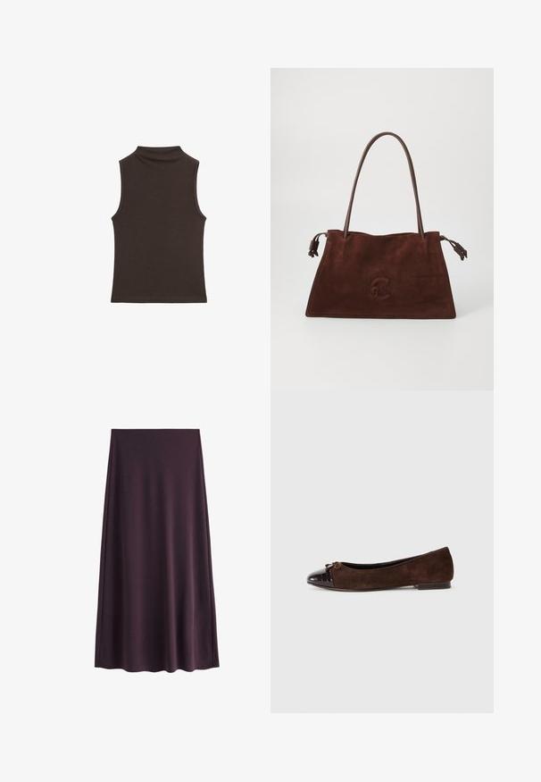 Haut sans manches brun avec un col montant, texture lisse, design ajusté et bords nets, idéal pour le superposition ou une tenue décontractée.; Jupe violette en tissu lisse, présentant une silhouette en A avec un ourlet au genou, sans motifs visibles ni fermetures.; Ballerines en daim marron avec un capuchon en cuir laqué marron foncé et un petit nœud décoratif à l'avant. Talon plat.; Sac fourre-tout en daim marron avec deux anses en cuir, texture douce, forme plate et un logo embossé discret sur l'avant.