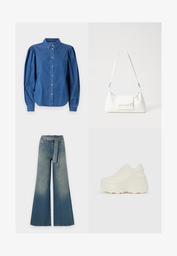 Jeanskjorte i lyseblå farge, med knappelukking foran og skreddersydd krage. Har puffer på lange ermer og en avrundet kant.; Bredde ben jeans med en lyseblå til mørkeblå gradient, høyt liv, beltehemper og et matchende belte i samme stoff. Teksturert denimoverflate.; Hvite plattformsnickers med en glatt læraktig overdel, avrundet form, polstret krage og teksturert gummisåle med tydelige dekk.; Hvit syntetisk håndveske med trekantet form, flat klaff foran og sløyfe detaljer, justerbar stropp, glatt tekstur og minimalistisk design.