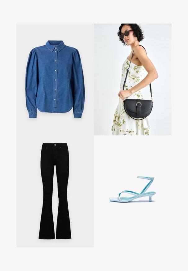 Denim shirt with a light blue color, buttoned front, and a tailored collar. Features puffed long sleeves and a curved hem.; Black high-waist jeans with a button and zip closure, front pockets, and flared legs laid flat on a white background.; Light blue strappy sandal with a square toe, low heel, adjustable ankle strap, and smooth, glossy finish. Crossed straps on the footbed.; Black leather handbag with a curved shape, detachable strap, and gold hardware. The bag features a flap with a buckle detail.