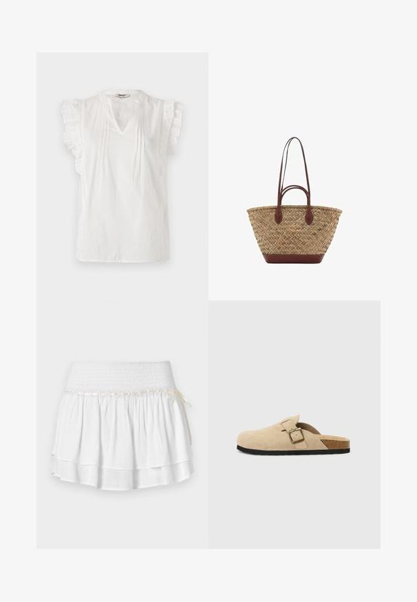 Bluză albă cu mâneci scurte, cu accente volă, decolteu în V, plii și textură cu puncte pe toată suprafața. Fabricată dintr-un material ușor.; Fustă albă în straturi cu talie elastică, având un detaliu texturat de smocking și un accent decorativ cu panglică. Material din bumbac.; Saboti din suede bej, cu talpă din plută, vârf rotunjit și o curea simplă cu cataramă aurie. Talpă din cauciuc pentru aderență.; Geantă din iarbă împletită, cu textură împletită, mânere și bază din piele maro închis, formă circulară largă și design cu vârf deschis.