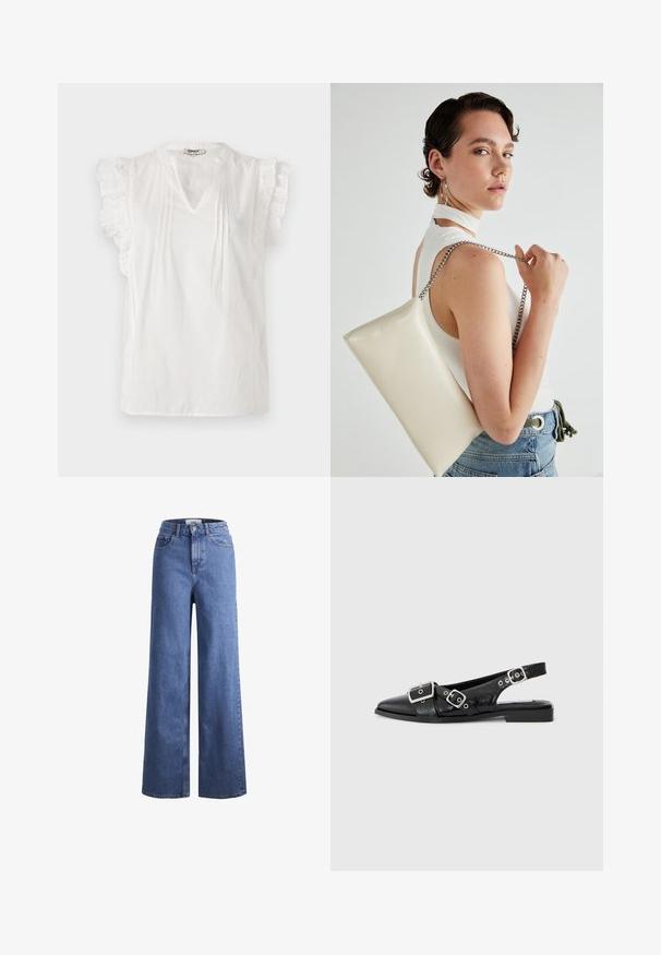 Bijela bluzica kratkih rukava s naborima, V-izrezom, plisiranjima i točkastom teksturom kroz cijelu površinu. Izrađena od laganog materijala.; Svijetloplavi traper široki traperice s visokim strukom, dva prednja džepa i vidljivim šavovima. Imaju kopčanje na gumb i patentni zatvarač.; Crne kožne sandale s otvorenom petom, špicaste su i imaju dvije srebrne kopče te niski blok petu. Imaju teksturirani gornji dio.; Bijela pravokutna torbica s kopčanjem, izrađena od sjajnog materijala, s srebrnim lančićem. Model pozira, prikazujući torbicu na jednostavnoj pozadini.