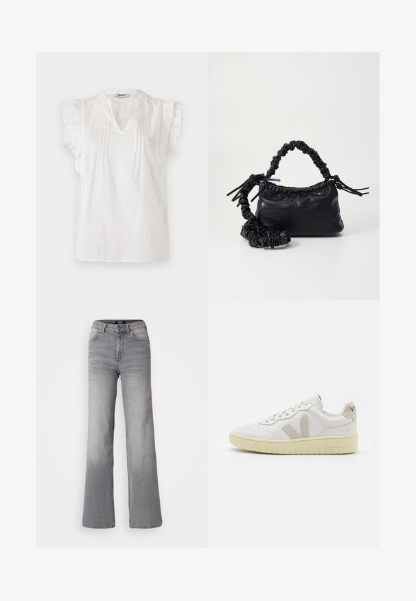 White short-sleeve blouse with ruffled accents, V-neckline, pleats, and dot texture throughout. Made of lightweight fabric.; High-waisted straight-leg gray denim jeans with front button and zipper, front and back pockets, and faded shading on thighs and calves.; White leather sneaker with beige suede accents, perforated toe box, flat laces, and a textured cream sole. Features subtle branding on heel.; Black faux leather handbag with a crocodile texture, cinched top, and a scrunched strap. Appears soft and compact in design.