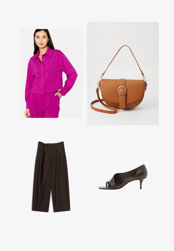 Cropped fuchsia jacket with long sleeves, button closure, two chest pockets, and tailored fit. Smooth texture with subtle stitching details.; Dark brown wide-leg trousers with a high waist, featuring a single button closure and a pleated front. Made from lightweight fabric.; Brown leather open-toe high-heeled shoe with a smooth texture and a slim stiletto heel. Features a cut-out design and minimalistic shape.; Brown leather crossbody bag with a curved shape, gold hardware, and a buckle accent. Features a detachable shoulder strap.