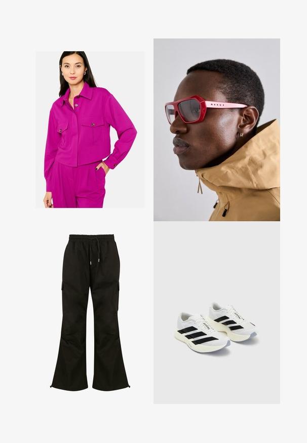 Chaqueta fucsia cortada con mangas largas, cierre de botones, dos bolsillos en el pecho y ajuste entallado. Textura suave con sutiles detalles de costura.; Pantalones cargo negros con un diseño de pierna ancha, cintura elástica, cordón ajustable y bolsillos laterales. Hechos de una tela suave y duradera.; Zapatillas deportivas blancas con rayas y logotipo en negro, que cuentan con una parte superior de malla, puntera redondeada y una suela gruesa color crema para mayor amortiguación.; Gafas de sol rojas en forma angular con un marco grueso y lentes ahumados. Presentadas en un modelo que lleva una chaqueta beige con cremallera y cuello alto.