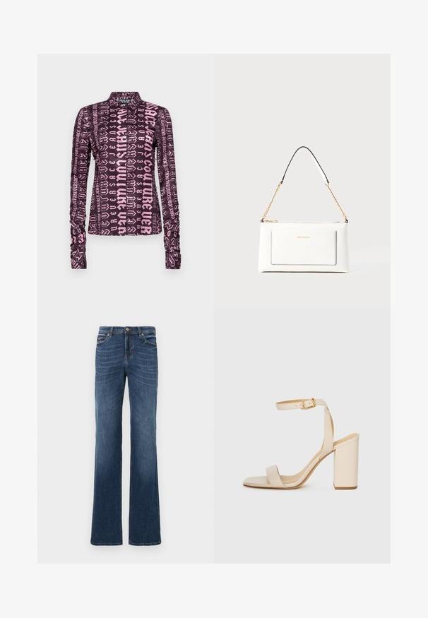 Long-sleeve blouse featuring a dark purple fabric with bold pink graphic text throughout. Includes a collared neckline and gathered sleeves.; Dark blue denim jeans with a straight leg, intact seams, subtle whiskering on the front, and a classic button and zipper closure.; Beige high-heeled sandal with a square toe, thin ankle strap, and block heel. Smooth leather texture with a gold buckle detail.; White leather handbag with a textured finish, featuring a gold chain strap and black accents. Includes a front pocket and zipper closure.