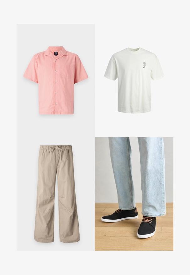 Rosa kratka majica s kratkimi rokavi iz lahkega materiala, s sprednjim delom na gumb, ovratnikom in enim žepom na prsih. Preprost dizajn in tekstura.; Bela bombažna majica s krožnim izrezom, kratkimi rokavi in majhnim črnim grafičnim dizajnom na levem predelu prsnega koša.; Bež hlače širokega kroja z elastičnim pasom in vrvico. Gladka tekstura, dve stranski žepu in minimalni šivi za sproščen fit.; Črne platnene superge z rjavimi poudarki, belimi gumijastimi podplati in rjavimi vezalkami, v kombinaciji s svetlobluzimi naravnost krojenimi kavbojkami. Ozadje iz lesenih tal.