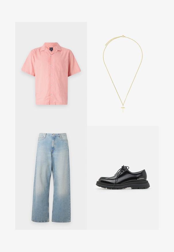 Trumpas rankovėmis rožinis marškinis, pagamintas iš lengvos medžiagos, su mygtukų uždarymu priekyje, coloriu ir viena krūtinės kišene. Paprastas dizainas ir tekstūra.; Šviesiai mėlynos plačios kojų džinsai, pagaminti iš džinsinio audinio, su aukštu liemeniu, priekinėmis kišenėmis ir išblukusiu plovimu su subtiliu trupinėjimu šlaunų srityje.; Juodas odinis batelis su apvaliu pirštu, storesniu guminiu padu, su raišteliais ir išskirtiniu siuvimu pakraščiu.; Auksinės spalvos grandinėlė su paprastu kryžiaus pakabuku. Grandinėlė yra tekstūruota su smulkia jungčių fantazija, o pakabukas yra lygus ir blizgus.