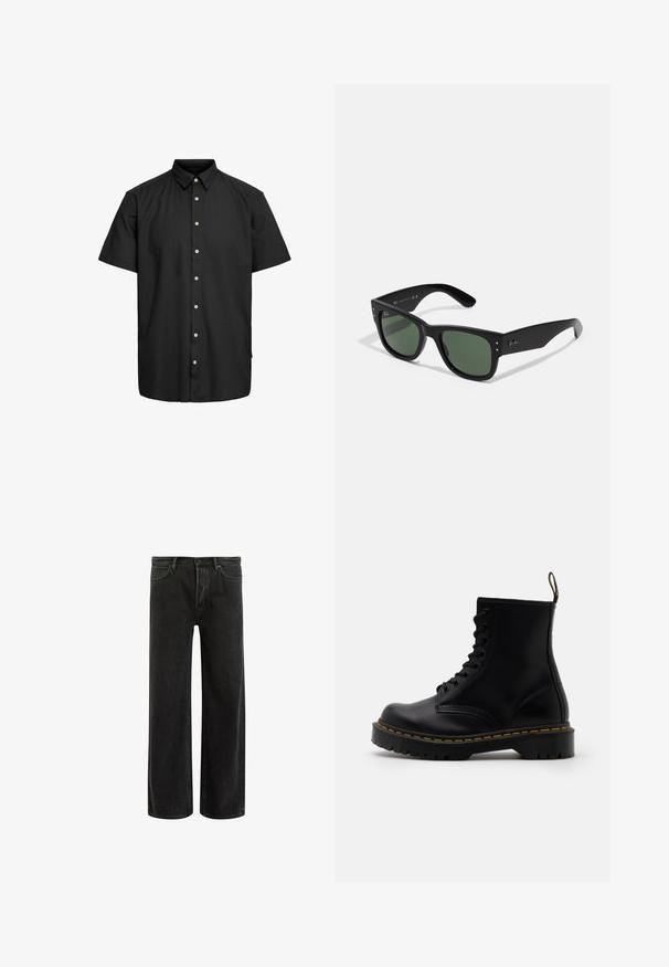 Zwarte korte mouwen shirt van gladde stof, met een button-down kraag, voorknopen met lichte accenten, en een rechte zoom.; Zwarte tanktop met een ronde halslijn en brede schouderbanden. Gemaakt van zachte stof, met een gladde textuur en een eenvoudig ontwerp.; Zwarte denims met wijde benen en een hoge taille, met een klassiek vijf zakken ontwerp en subtiele vervaging voor een textuur uitstraling.; Zwarte leren enkelboots met een vetersluiting aan de voorkant, gele stiksels, een ronde neus en een dikke, gestructureerde rubberen zool.; Zwarte rechthoekige zonnebril met groene lenzen, matte afwerking, subtiele hardwareaccenten en een gegraveerd logo op de slaap.