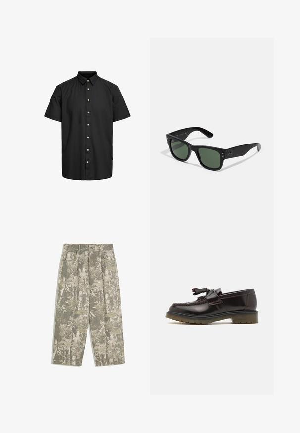 Fekete, rövid ujjú póló sima anyagból, gombos gallérral, elülső, világos színű díszítéssel ellátott gombokkal és egyenes szabású szegéllyel.; Fekete ujjatlan felső, kerek nyakkivágással és széles vállpántokkal. Puha anyagból készült, sima textúrával és letisztult dizájnnal.; Zöld és bézs álcázó levél- és kéregmintás, széles lábú cargo nadrág, elülső zsebekkel és övhurkokkal.; Barna bőr loaferek szőtt mintával, bojt részlettel és lapos gumitalppal. Simára polírozott felülettel és kontrasztos varrással rendelkezik.; Fekete téglalap alakú napszemüveg zöld lencsékkel, matt felülettel, diszkrét fém részletekkel és dombornyomott logóval a halántékon.