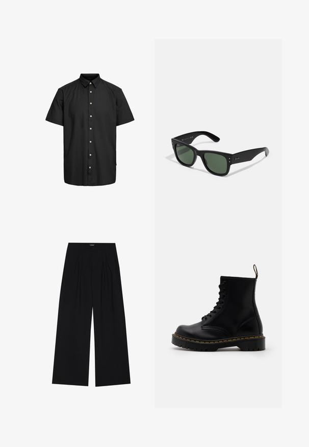 Czarna koszula z krótkim rękawem, wykonana z gładkiego materiału, z kołnierzykiem zapinanym na guziki, przednimi guzikami w jasnych odcieniach oraz prostym dołem.; Czarny top na ramiączkach z okrągłym dekoltem i szerokimi ramiączkami. Wykonany z miękkiego materiału, charakteryzujący się gładką fakturą i prostym wzornictwem.; YOURTURN UNISEX czarny; Czarne skórzane botki sięgające do kostki z sznurowanym przodem, żółtym przeszyciem, zaokrąglonym czubkiem i grubą, teksturowaną gumową podeszwą.; Czarne prostokątne okulary przeciwsłoneczne z zielonymi soczewkami, matowe wykończenie, subtelne akcenty metalowe i wytłoczone logo na zauszniku.