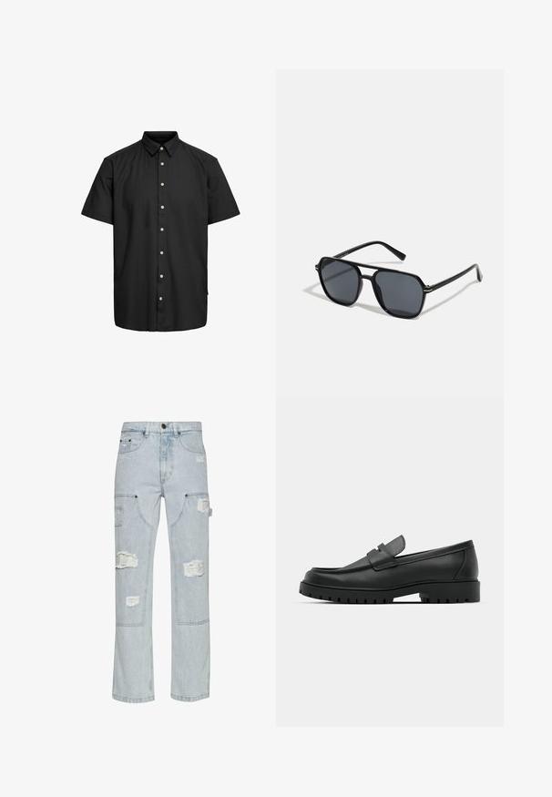 Musta lyhythihainen paita, joka on valmistettu sileästä kankaasta. Siinä on napitettava kaulus, etunapit vaaleilla yksityiskohdilla sekä suora helma.; Vaaleansiniset farkkukangaspantseja, joissa on kulutuspintakoristelu, leveä lahkeiden malli, kaksi sivutaskua ja niittikoristeet.; Musta nahkaloafers, joissa on pyöreä kärki, ommeltu pinta, matala alusta ja kuvioitu, kuminen ulkopohja.; Musta aurinkolasit, joissa on oktaalinen kehys, tummat linssit, kiiltävä pinta, ohuet templesit ja kultaiset yksityiskohdat etupuolella.; Setti viisi hopeasormusta, joissa on erilaisia malleja: sileä rengas, kierretty malli, letitetty pinta ja kaksi leikkauskoristeilla.