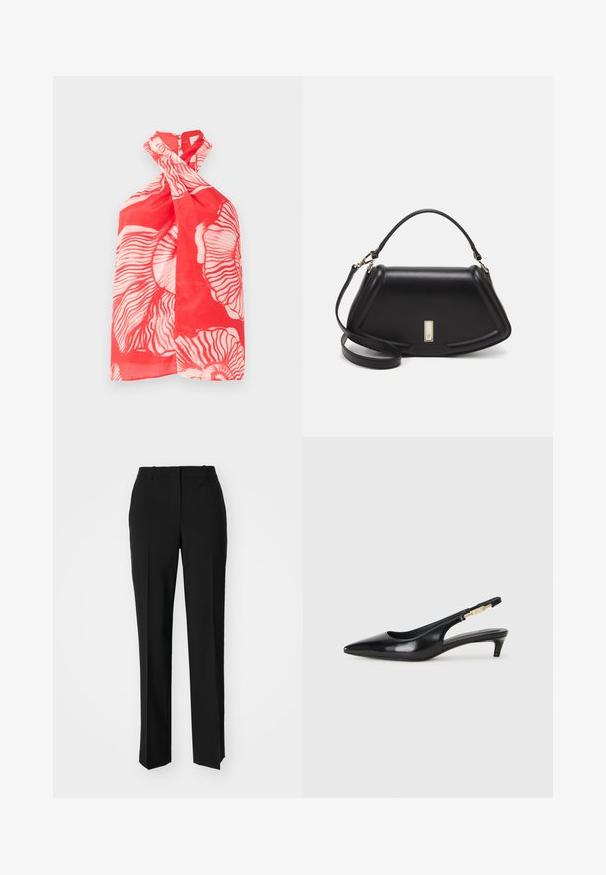 Top halter rosso caratterizzato da ampi motivi floreali bianchi, design con tessuto attorcigliato e chiusura con zip sul retro. Realizzato in materiale morbido e leggero.; Pantaloni neri su misura con un design a gamba dritta, caratterizzati da una texture liscia e pieghe ben definite sul davanti. Senza hardware visibile.; Tacchi slingback in pelle nera con punta affusolata, caratterizzati da un tacco alto e un accento dorato sulla cinghia regolabile. Texture liscia.; Borsa a mano in pelle nera con un design strutturato, caratterizzata da una forma corta, manico superiore e accessori in metallo dorato. Inclusa tracolla regolabile.