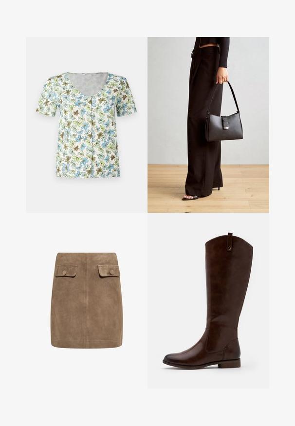 Blomstret kortærmet top med V-hals, knaplukning foran og en hvid baggrund med blå, grønne og brune blomster mønstre.; Brun ruskind mini nederdel med en glat tekstur, der har to frontlommer med flap og knaplukninger på hver side. Enkel, lige design.; Brune knæhøje støvler lavet af glat læder, med rund tå, lav stablet hæl og et subtilt sømme mønster langs siderne.; Sort håndtaske med struktureret form, glat overflade og metalspænde. Sammen med brede sorte bukser og sandaler med åben tå på trægulv.