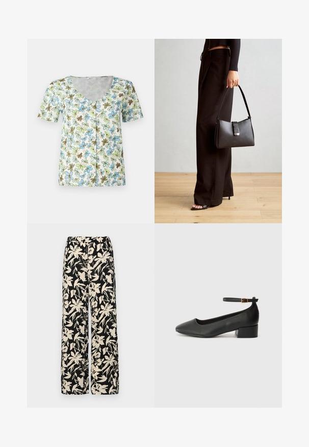 Lille lühikeste varrukatega lilleline top, millel on V-kaelus, nööpidega esiosa ja valge taust siniste, roheliste ja pruuni lillemuster.; Must mustriga lühikeste varrukatega tipp, valmistatud siledast materjalist, millel on peplum-disain ja vöödiga talje, millel on kaks ümmargust, hõbedase tooni nuppu.; Mustad laiad püksid kreemja lillemustriga. Valmistatud kergest kangast, millel on sile tekstuur ja kõrge vöökoht.; Must mustaapp, millel on terav nina ja madal blokk-kand. Omab pahkluu rihma koos kuldse tooni pandlaga. Sile tekstuur.; Must musta kott, millel on struktureeritud kuju, sile tekstuur ja metallist klamber. Kombineeritud laiate mustade pükstega ja avatud varvaste sandaalidega puidust põrandal.