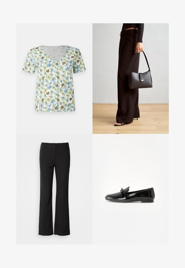 Floral short-sleeve top featuring a V-neck, button front, and a white background with blue, green, and brown flower patterns.; Black cotton blend trousers with a straight-leg design, front button closure, and two side pockets. Smooth texture, no visible patterns.; Black patent leather loafer with a flat sole, rounded toe, and a decorative strap featuring a gold-tone accent. Smooth, shiny finish.; Black handbag with structured shape, smooth texture, and a metallic clasp. Paired with wide black pants and open-toe sandals on wooden floor.