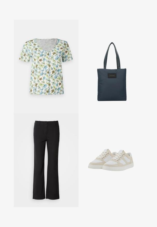 Kwiatowa bluzka z krótkim rękawem, z dekoltem w kształcie litery V, z przodu na guziki, na białym tle z niebieskimi, zielonymi i brązowymi wzorami kwiatowymi.; Czarne spodnie z bawełny z prostymi nogawkami, z zapięciem na guzik z przodu i dwoma bocznymi kieszeniami. Gładka faktura, brak widocznych wzorów.; Beżowe i białe sneakersy z teksturowaną cholewką, sznurowaniem oraz wyściełanym kołnierzem. Posiadają trzy białe paski po bokach oraz gumową podeszwę.; Granatowa torba na ramię wykonana z gładkiego nylonu, z dwoma teksturowanymi uchwytami i czarną prostokątną naszywką z logo z przodu.