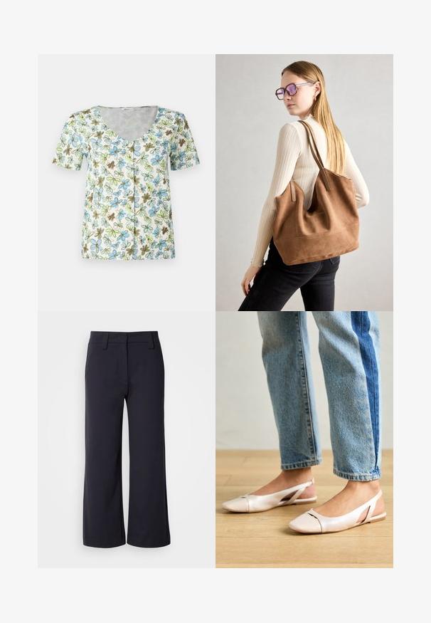 Top a maniche corte floreale con scollo a V, chiusura con bottoni e uno sfondo bianco decorato con motivi di fiori blu, verdi e marroni.; Pantaloni a gamba larga di tessuto blu navy scuro. Presentano una parte anteriore piatta, passanti per cintura e tasche laterali. Il materiale è morbido con una leggera elasticità.; Ballerine slingback rosa pallido con punta affusolata, realizzate in un materiale simile alla pelle liscio. Presentano dettagli a taglio sui lati e un tacco piatto.; Borsa a tracolla in suede marrone con texture morbida, ampia apertura e lunghe cinghie. Caratterizzata da un design semplice con cuciture visibili e senza accessori.
