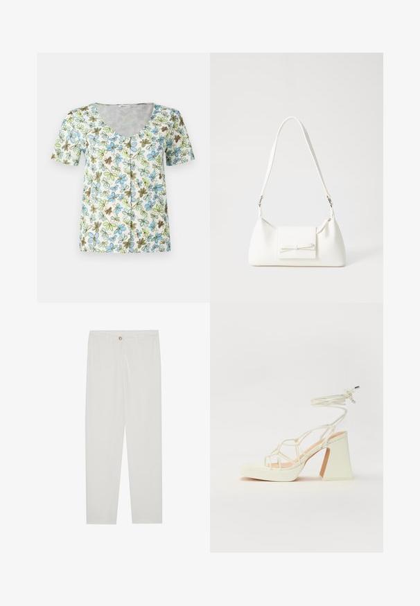 Virágmintás, rövid ujjú felső, V-nyakkal és gombos elülső résszel, fehér háttérrel, kék, zöld és barna virágmintákkal.; Fehér, testreszabott nadrág egyenes szárú szabással, gombos záródással, övcsatolókkal és oldalsó zsebekkel; sima textúrájú anyag.; Fehér, magassarkú szandál vastag sarokkal, pántos dizájnnal és bokapánttal. Sima textúra, elülső platformmal a megnövelt magasság érdekében.; Fehér szintetikus kézitáska, háromszög alakú, lapos előlap, masni részlettel, állítható pánttal, sima textúrával és minimalista dizájnnal.