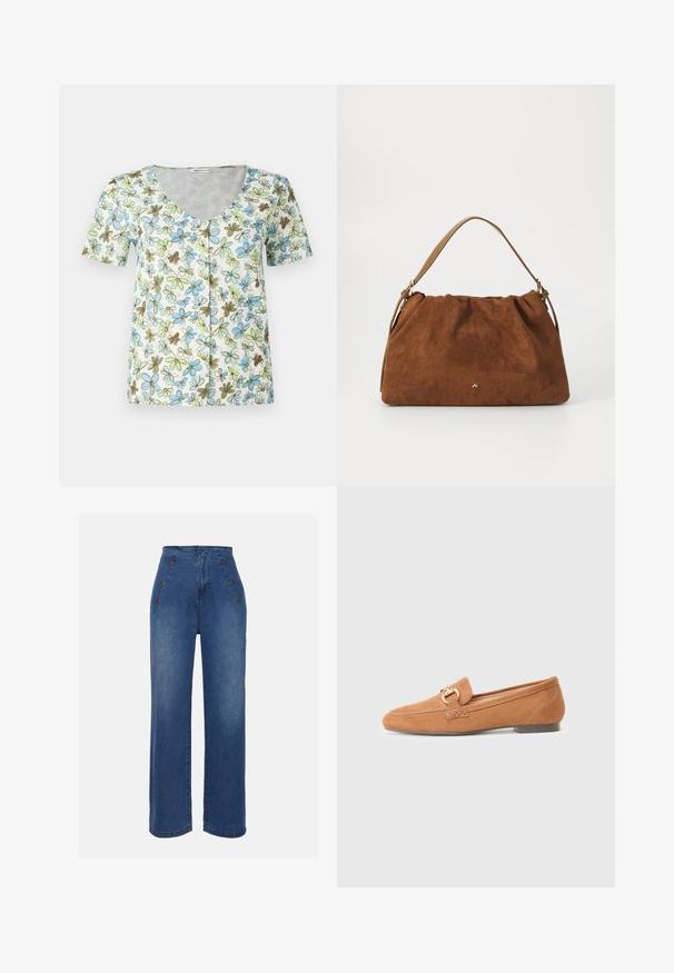 Lyhythihainen kukkaneule, jossa on V-pääntie, napitus edessä ja valkoinen tausta sinisiä, vihreitä ja ruskeita kukkakuvioita.; Korkeavyötäröiset farkut keskilevyisessä sinisessä sävyssä. Varustettu etusolmukkeilla ja leveälahkeisella muotoilulla. Kangas on sileä, ja siinä on hieno haalistuminen.; Kameliväriset mokkasiinit pyöreällä kärjellä, koristeellisella silmukkahihnalla ja litteällä korolla. Sileä pinta ja yksinkertainen ompeluyksityiskohta.; Ruskea nukkaohut laukku, jossa on poimittu muotoilu, ja siinä on yksittäinen vaaleanruskea nahkahihna sekä hillitty kultainen logo etuosassa.