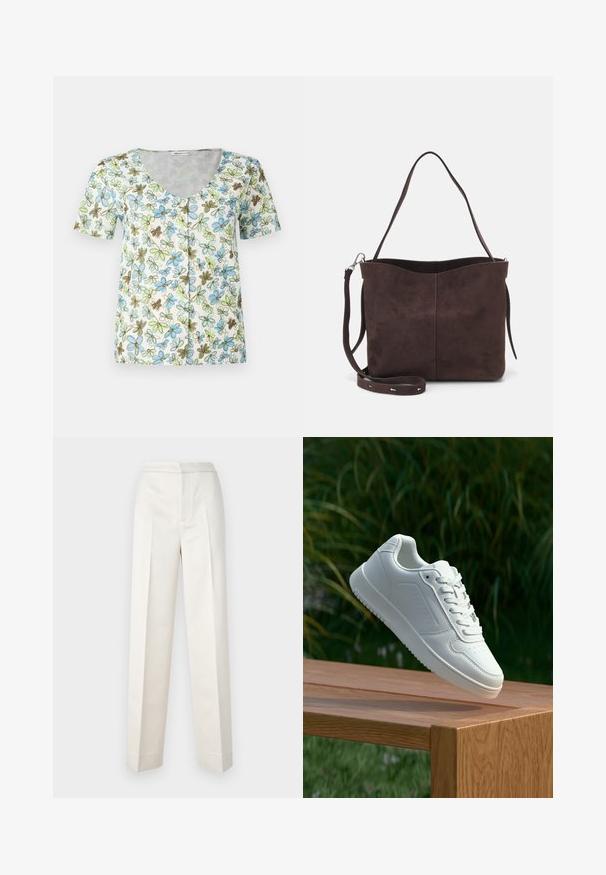 Top de flores de manga corta con escote en V, botonadura en la parte delantera y un fondo blanco con patrones de flores en azul, verde y marrón.; Pantalones color crema con un corte ajustado, que presentan una pierna recta, tejido suave, pliegues frontales y un dobladillo limpio. Diseño minimalista.; Zapatilla blanca con un upper sintético suave, caja de dedos perforada, cordones planos y una suela texturizada, exhibida sobre una superficie de madera.; Bolso tote de ante marrón con una textura suave, que presenta una sola correa para el hombro y una sutil apertura curva en la parte superior. Sin detalles de herrajes visibles.