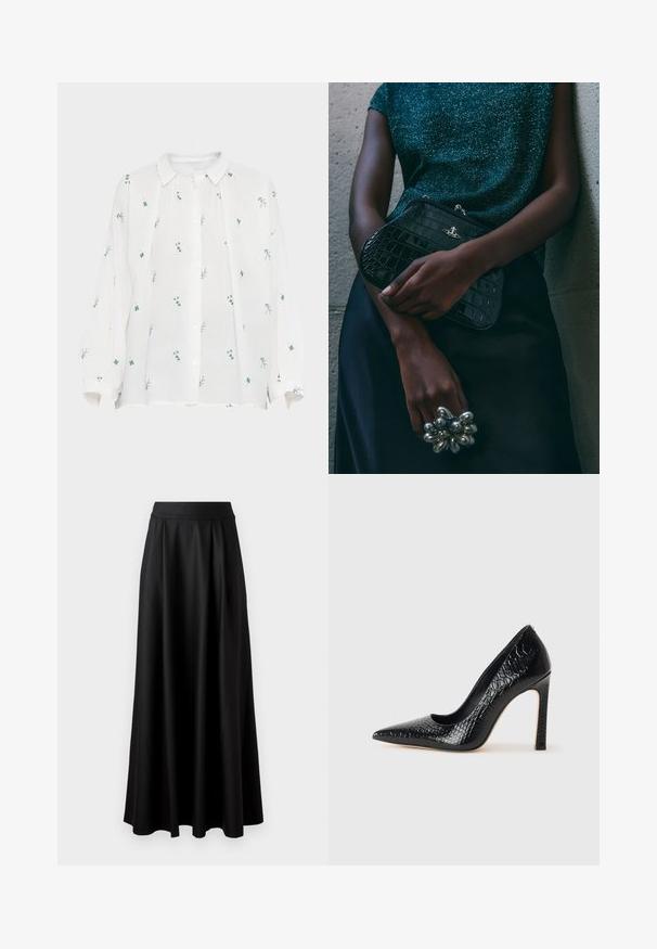 Weißes Leinenhemd mit knöpfbarem Vorderteil. Besitzt grüne und blaue Blumenstickereien, lange Ärmel und einen spitzen Kragen. Lockere Passform.; Schwarzer, bodenlanger Rock mit glatter Textur, weitem Bund und plissiertem Design, ohne sichtbare Muster oder Verzierungen.; Schwarzer, spitz zulaufender High Heel mit Krokodilleder-Struktur, elegantem Design, hohem Stiletto-Absatz und glattem schwarzen Innenraum.; Schwarze Clutch-Tasche im Kroko-Design mit silbernen Beschlägen, vor einem strukturierten grauen Hintergrund gehalten. Verfügt über eine glänzende Oberfläche.