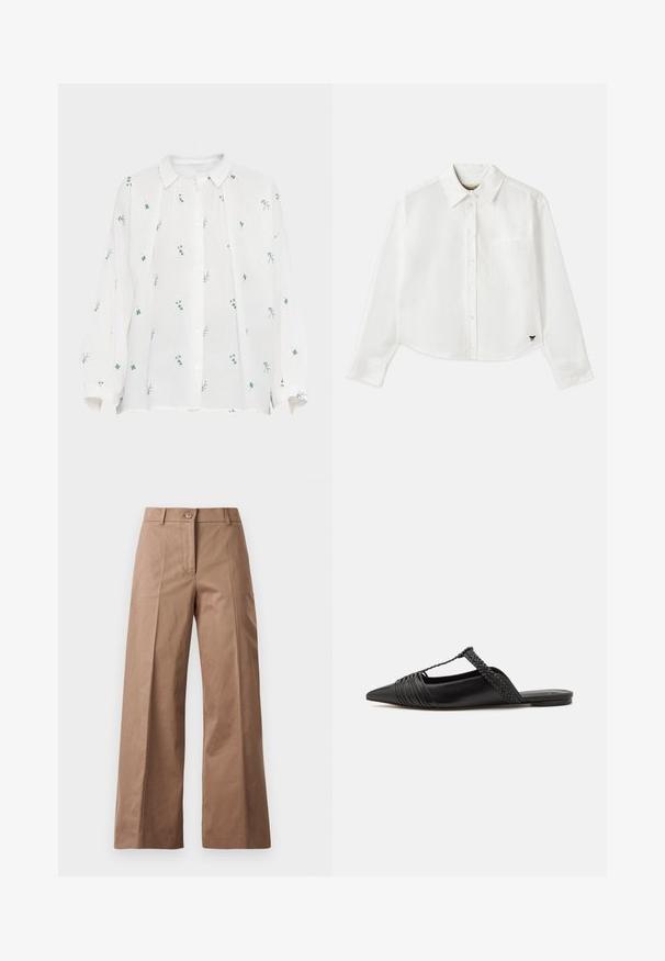 Biele ľanové tričko s gombíkovým zapínaním vpredu. Obsahuje zelené a modré kvetinové vyšívanie, dlhé rukávy a špicatý golier. Uvoľnený strih.; Biely skrátený dlhý rukáv košeľa vyrobená z bavlny. Má gombíkový predný zapínanie, vrecko na hrudi a malé čierne logo na spodnej ľavej strane.; Hnedé nohavice s širokými nohavicami vyrobené z hladkej látky, s predným zapínaním na gombík, dvoma prednými vreckami a čistými, precízne vykrojenými líniami.; Čierne kožené sandále so špičatou špičkou, ktoré majú tkaný detail a zborený dizajn vrchnej časti. Plochá podrážka s minimálnym hardvérom.
